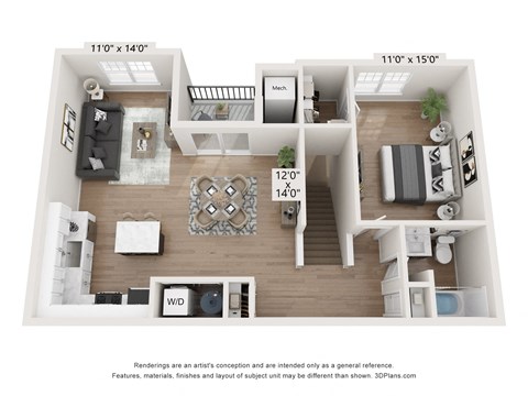 Floor plan for 1 bed, 1 bath, 891 sqft